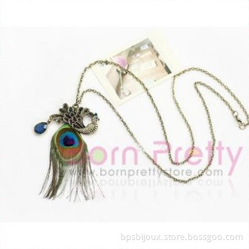 Retro Vintage Antiqued Bronze Peacock Feather Rhinestone Copper Pendant Necklace